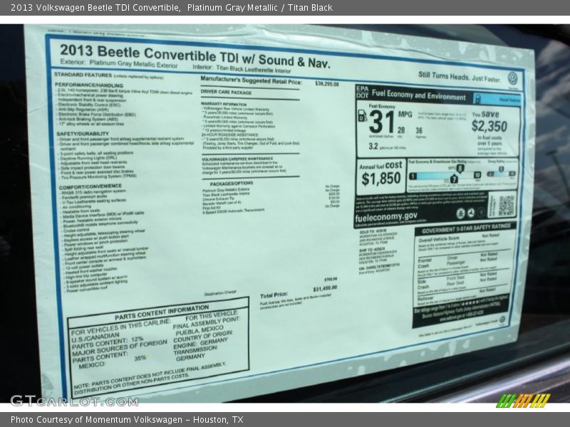  2013 Beetle TDI Convertible Window Sticker