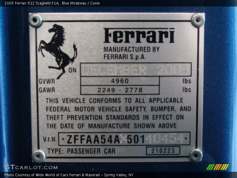 Info Tag of 2005 612 Scaglietti F1A