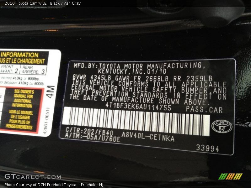Black / Ash Gray 2010 Toyota Camry LE