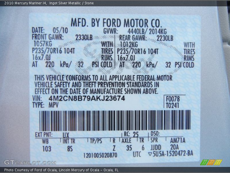 2010 Mariner I4 Ingot Silver Metallic Color Code UX