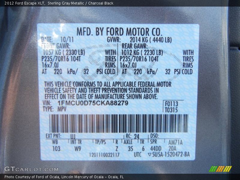 Sterling Gray Metallic / Charcoal Black 2012 Ford Escape XLT