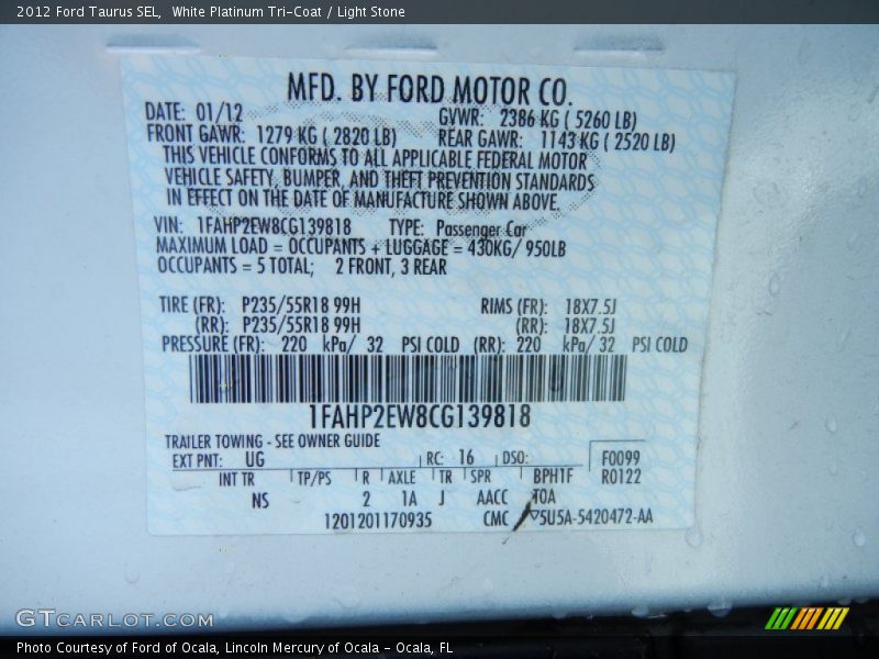 White Platinum Tri-Coat / Light Stone 2012 Ford Taurus SEL