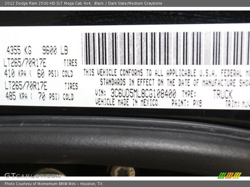 Black / Dark Slate/Medium Graystone 2012 Dodge Ram 2500 HD SLT Mega Cab 4x4