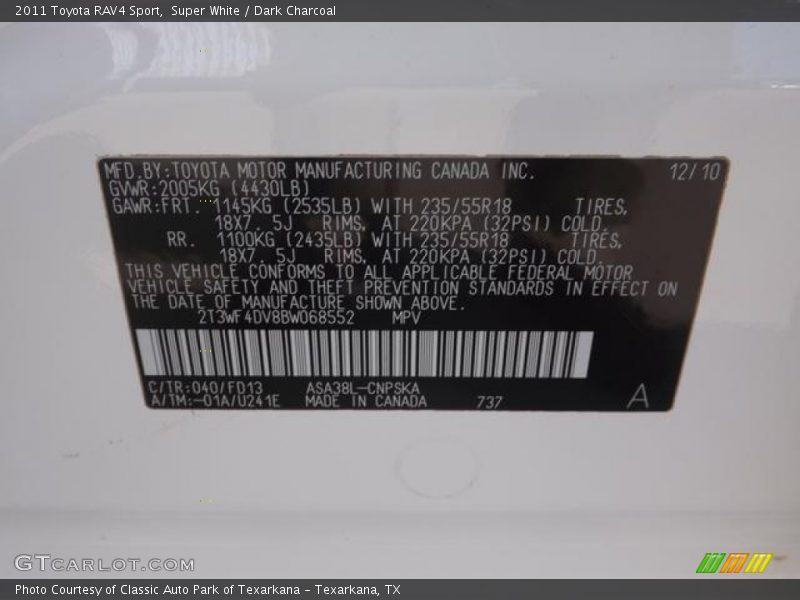 Super White / Dark Charcoal 2011 Toyota RAV4 Sport