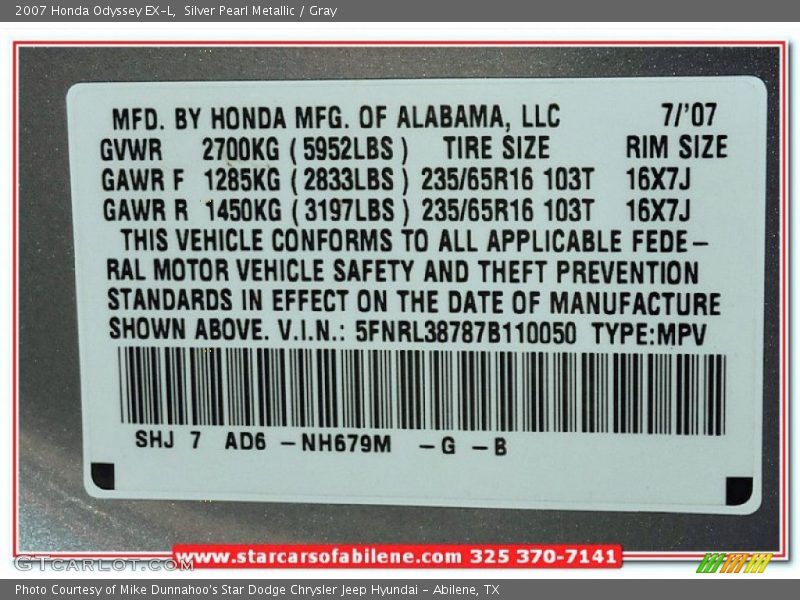Silver Pearl Metallic / Gray 2007 Honda Odyssey EX-L
