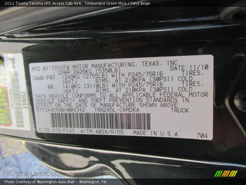Timberland Green Mica / Sand Beige 2011 Toyota Tacoma SR5 Access Cab 4x4