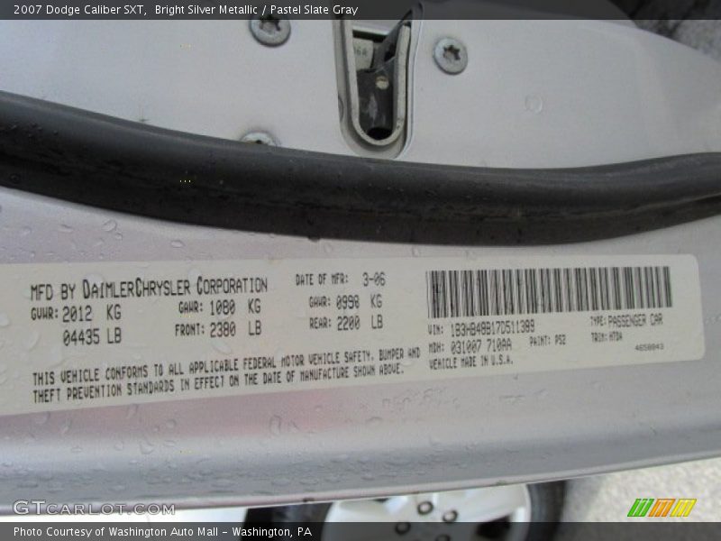 Bright Silver Metallic / Pastel Slate Gray 2007 Dodge Caliber SXT