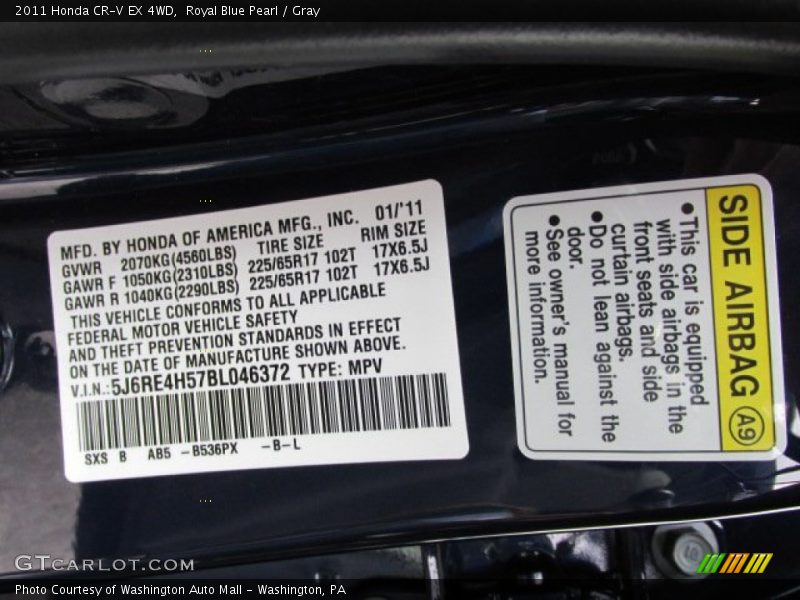 Royal Blue Pearl / Gray 2011 Honda CR-V EX 4WD