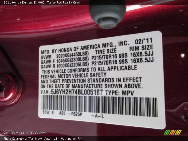 Tango Red Pearl / Gray 2011 Honda Element EX 4WD