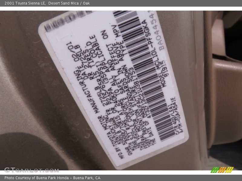 2001 Sienna LE Desert Sand Mica Color Code 4Q2