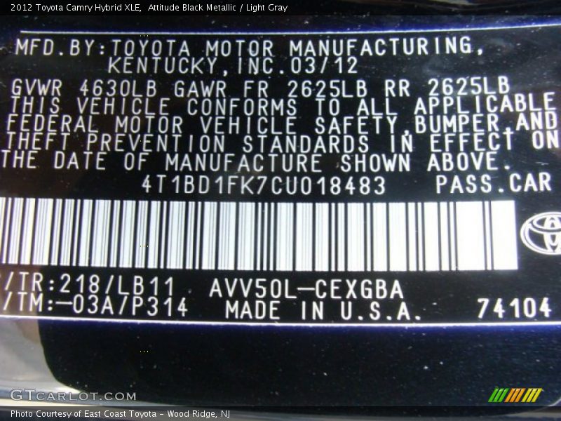 Attitude Black Metallic / Light Gray 2012 Toyota Camry Hybrid XLE