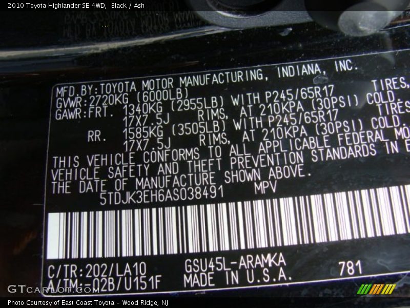 Black / Ash 2010 Toyota Highlander SE 4WD