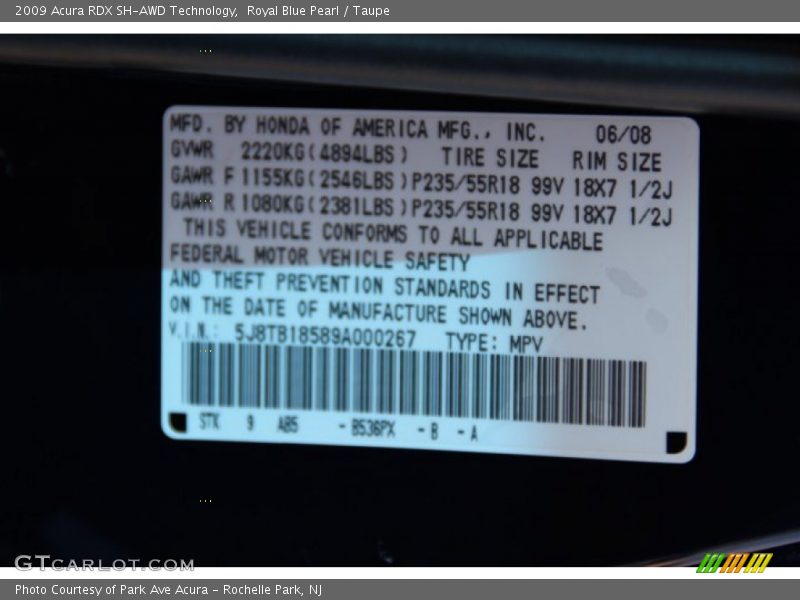 Royal Blue Pearl / Taupe 2009 Acura RDX SH-AWD Technology