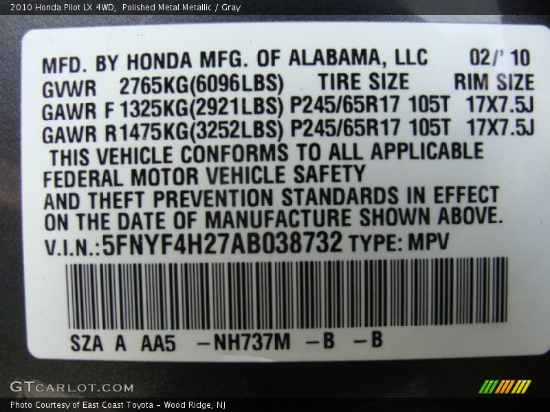 Polished Metal Metallic / Gray 2010 Honda Pilot LX 4WD