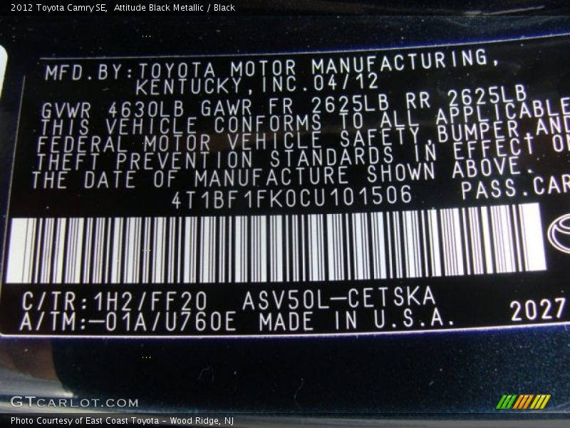 Attitude Black Metallic / Black 2012 Toyota Camry SE