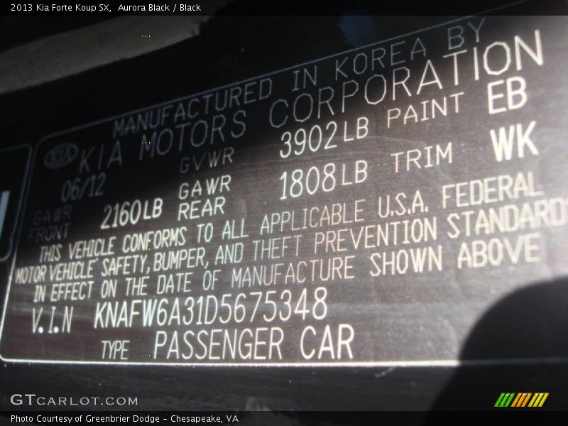 2013 Forte Koup SX Aurora Black Color Code EB