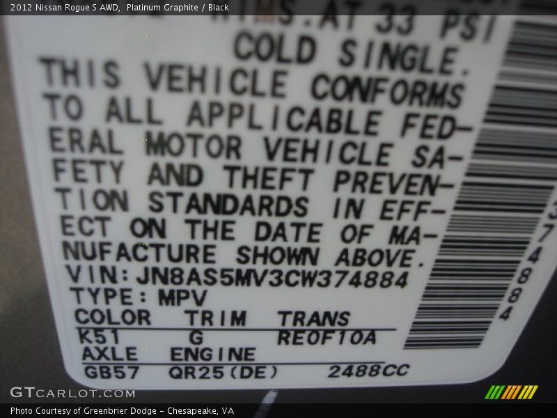 Platinum Graphite / Black 2012 Nissan Rogue S AWD
