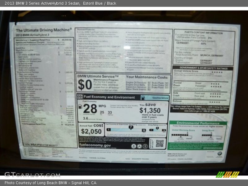  2013 3 Series ActiveHybrid 3 Sedan Window Sticker