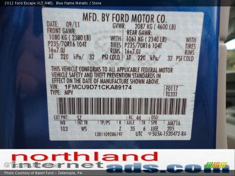 Blue Flame Metallic / Stone 2012 Ford Escape XLT 4WD