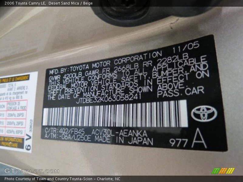 2006 Camry LE Desert Sand Mica Color Code 4Q2