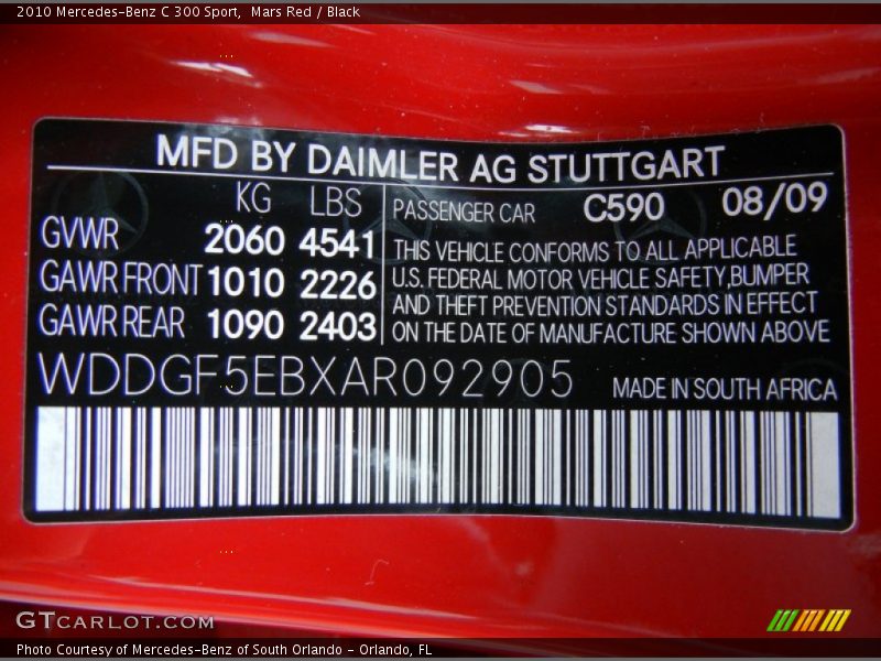 2010 C 300 Sport Mars Red Color Code 590