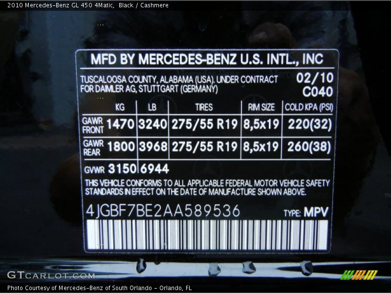 2010 GL 450 4Matic Black Color Code 040