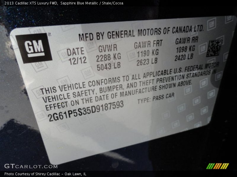 Sapphire Blue Metallic / Shale/Cocoa 2013 Cadillac XTS Luxury FWD