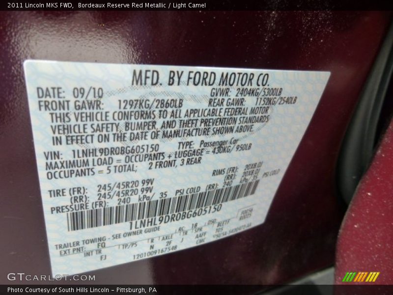 2011 MKS FWD Bordeaux Reserve Red Metallic Color Code FQ