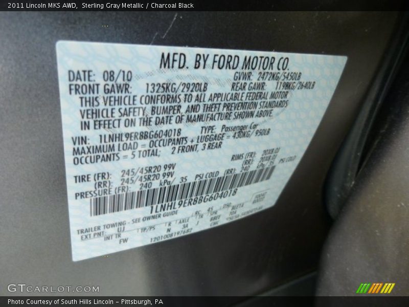 Sterling Gray Metallic / Charcoal Black 2011 Lincoln MKS AWD
