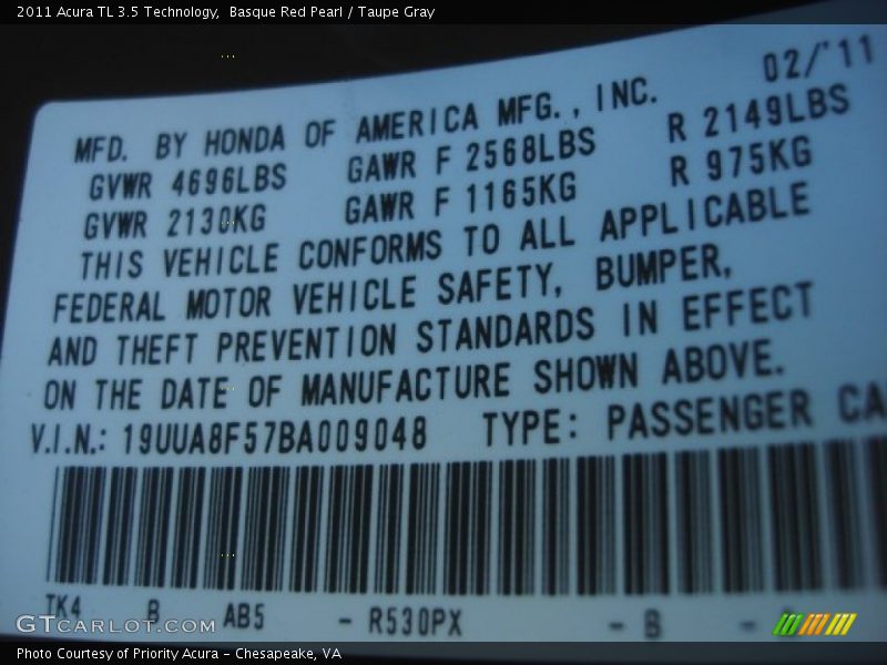 Basque Red Pearl / Taupe Gray 2011 Acura TL 3.5 Technology