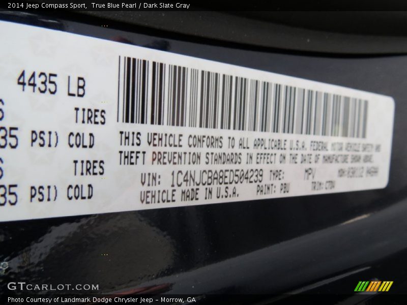 2014 Compass Sport True Blue Pearl Color Code PBU