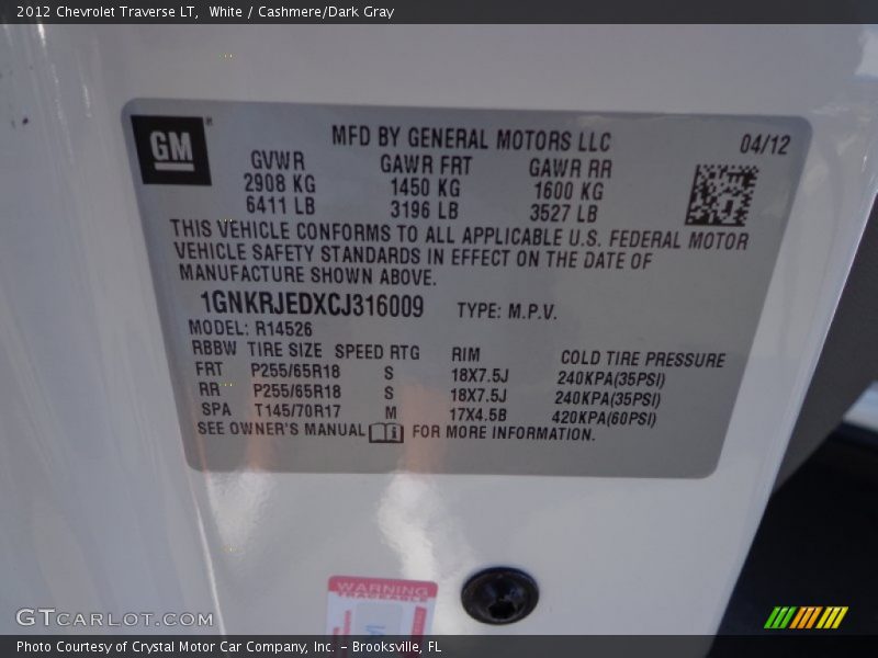 White / Cashmere/Dark Gray 2012 Chevrolet Traverse LT