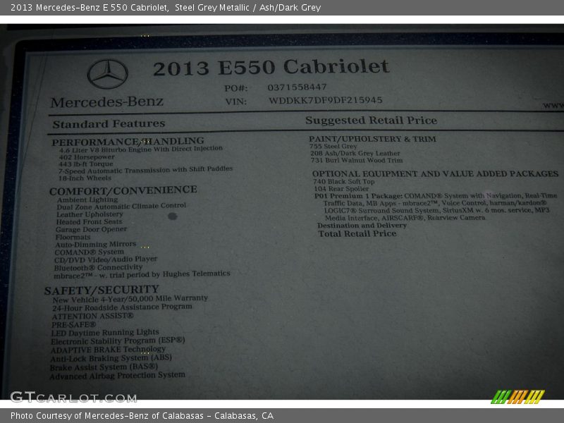 Steel Grey Metallic / Ash/Dark Grey 2013 Mercedes-Benz E 550 Cabriolet