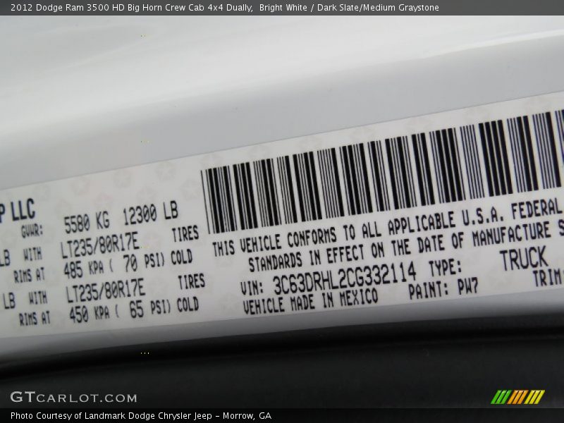 Bright White / Dark Slate/Medium Graystone 2012 Dodge Ram 3500 HD Big Horn Crew Cab 4x4 Dually