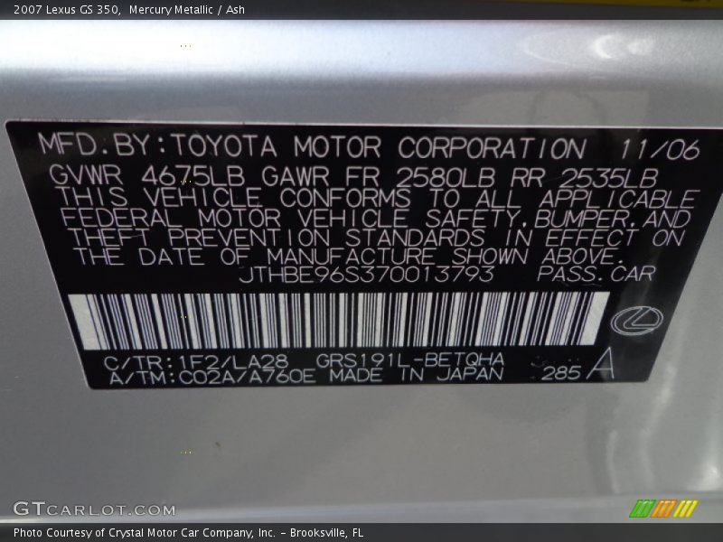 2007 GS 350 Mercury Metallic Color Code 1F2