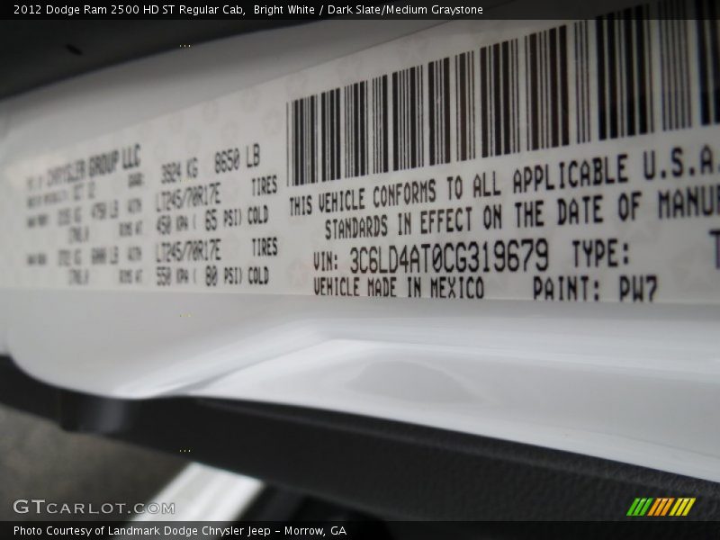 2012 Ram 2500 HD ST Regular Cab Bright White Color Code PW7