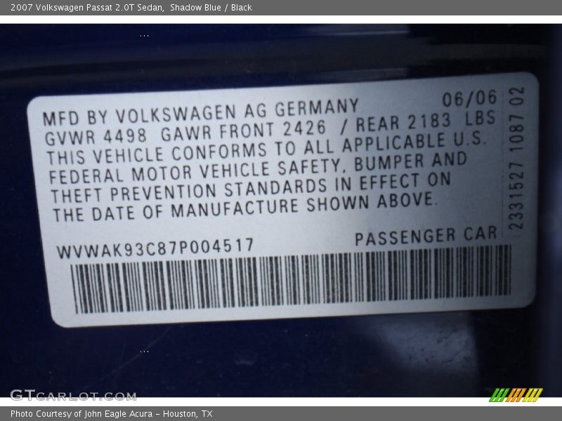 Shadow Blue / Black 2007 Volkswagen Passat 2.0T Sedan