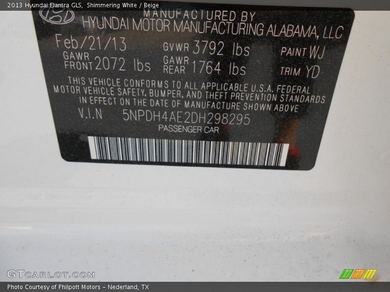 Shimmering White / Beige 2013 Hyundai Elantra GLS