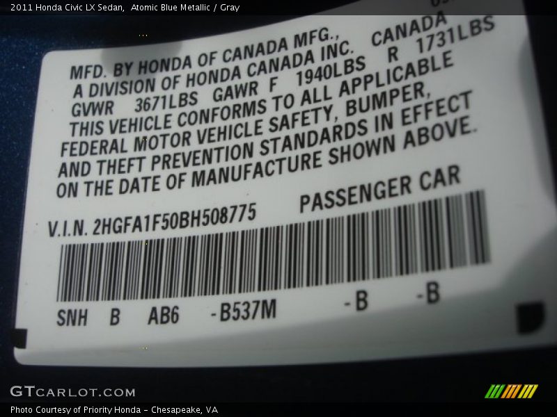 Atomic Blue Metallic / Gray 2011 Honda Civic LX Sedan