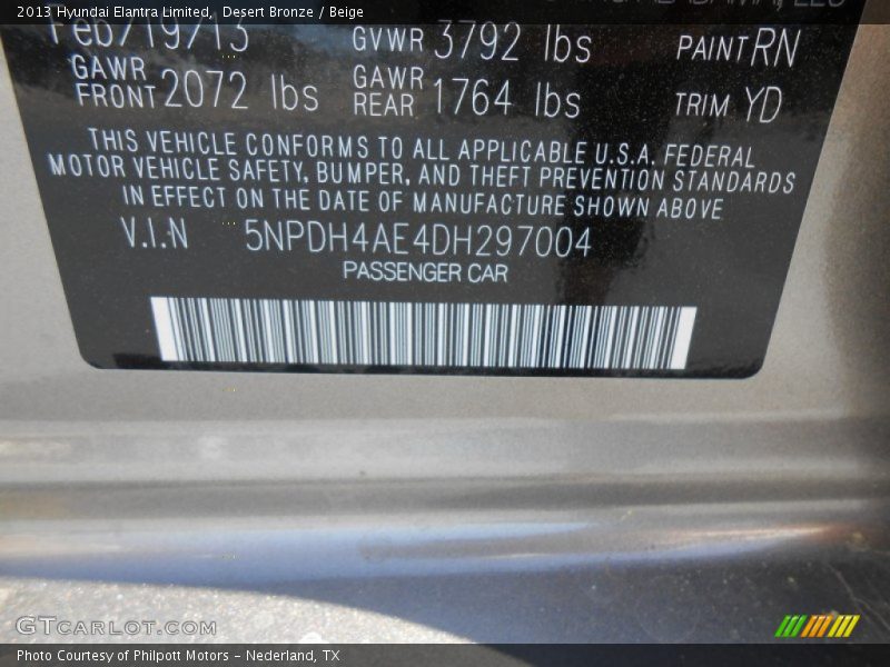 Desert Bronze / Beige 2013 Hyundai Elantra Limited