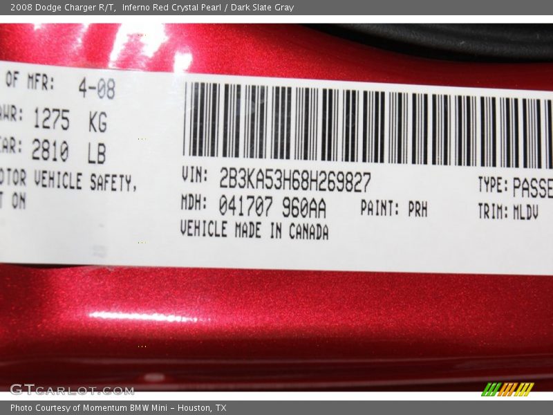 2008 Charger R/T Inferno Red Crystal Pearl Color Code PRH