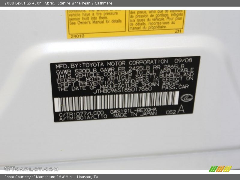2008 GS 450h Hybrid Starfire White Pearl Color Code 077