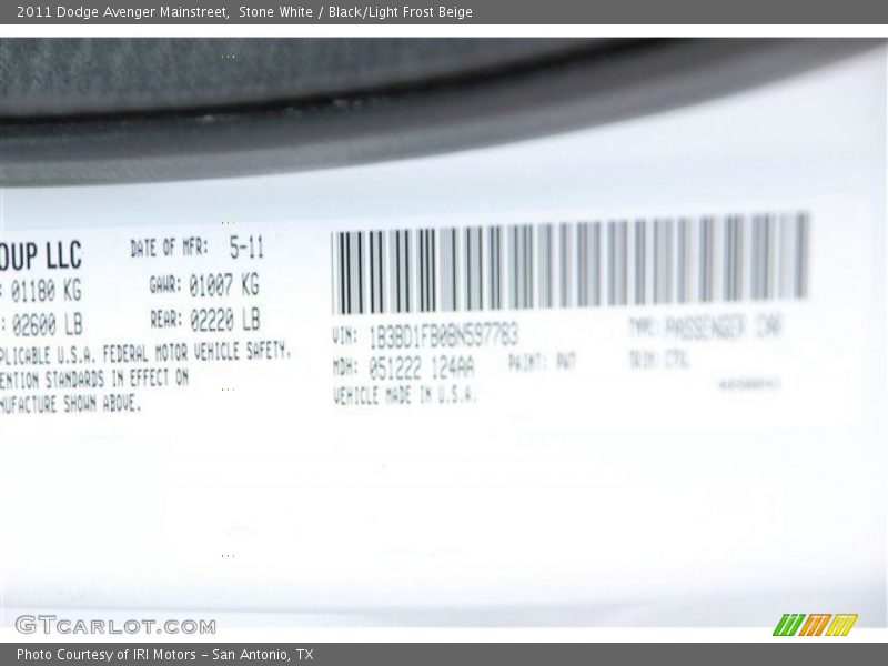 Stone White / Black/Light Frost Beige 2011 Dodge Avenger Mainstreet