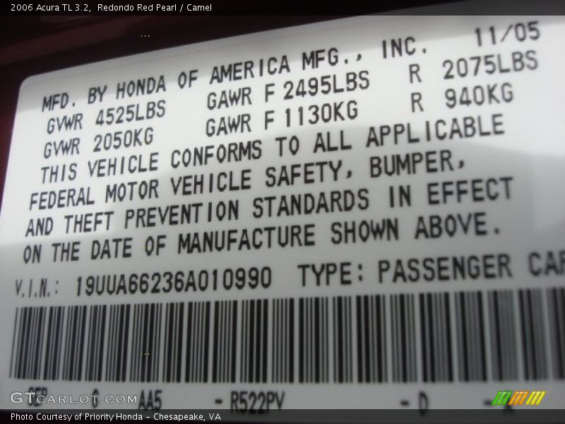 2006 TL 3.2 Redondo Red Pearl Color Code R522PV