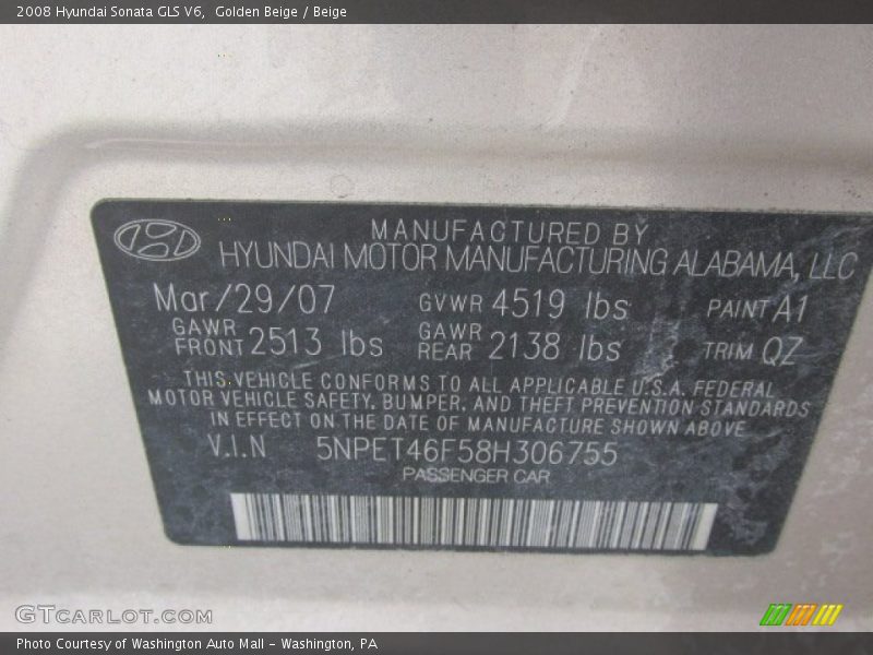 Golden Beige / Beige 2008 Hyundai Sonata GLS V6