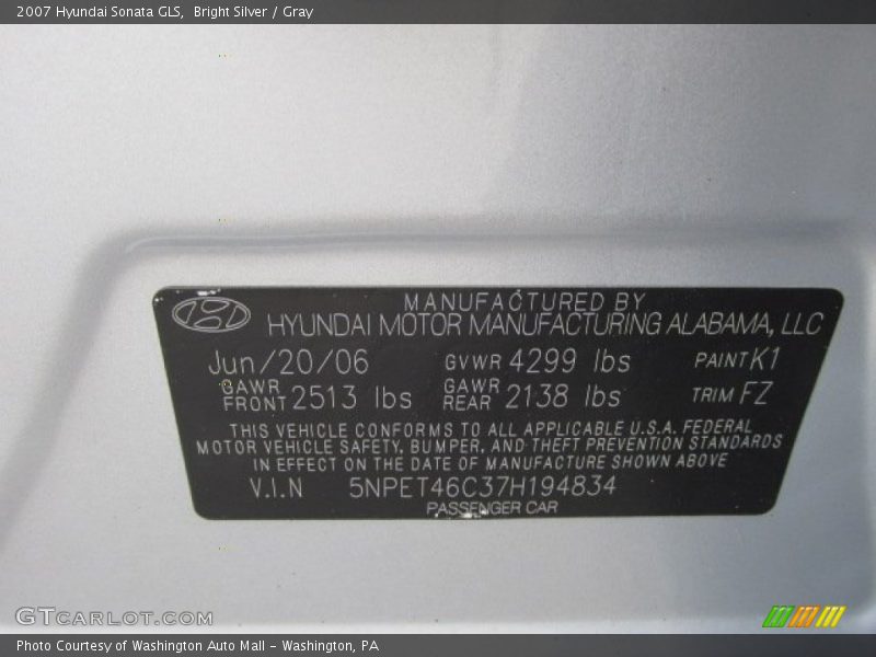 Bright Silver / Gray 2007 Hyundai Sonata GLS