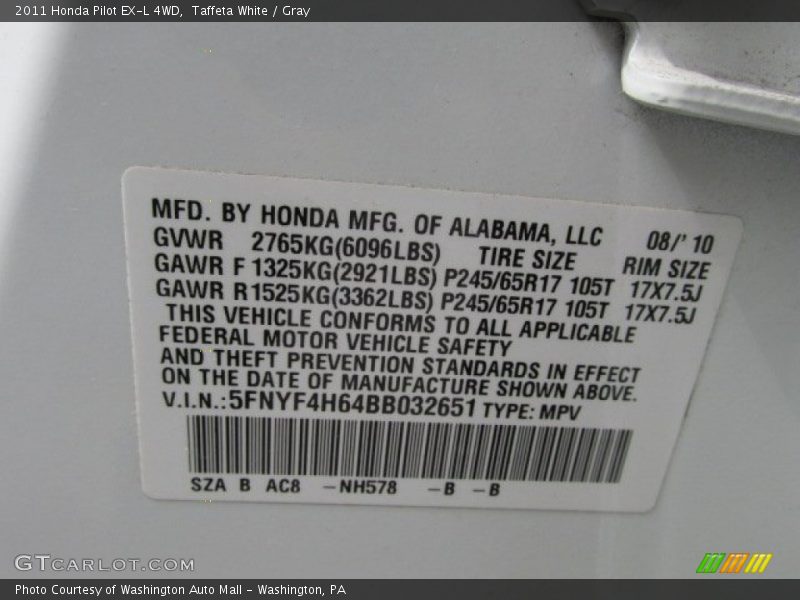 Taffeta White / Gray 2011 Honda Pilot EX-L 4WD