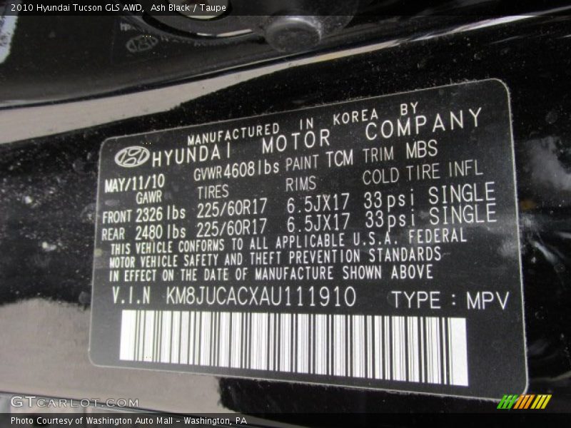 Ash Black / Taupe 2010 Hyundai Tucson GLS AWD