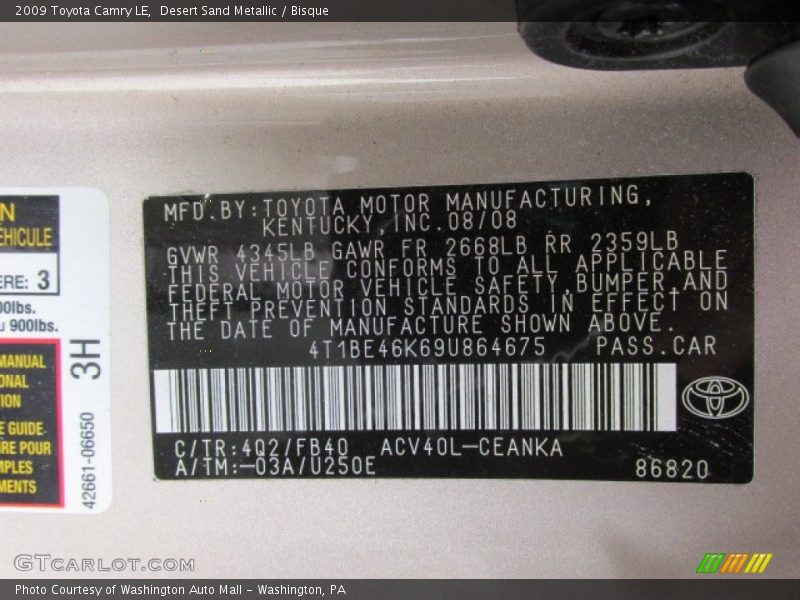 Desert Sand Metallic / Bisque 2009 Toyota Camry LE