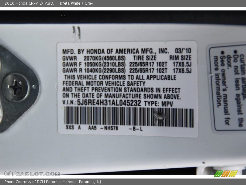 Taffeta White / Gray 2010 Honda CR-V LX AWD